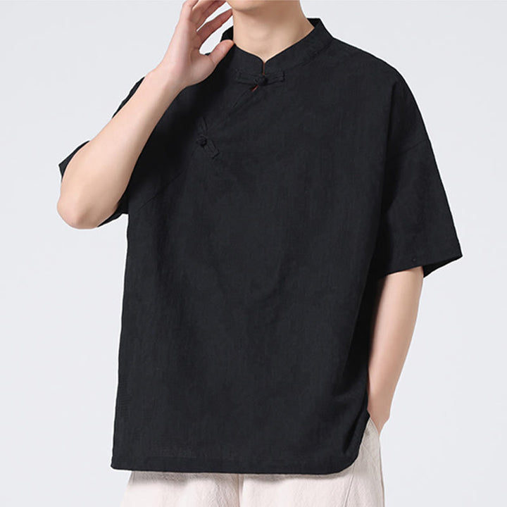 Koszula męska z krótkim rękawem z bawełny i lnu w stylu retro z motywem żaby i kwiatowym wzorem w kwiaty Buddha Stones Retro Pure Color - image 26