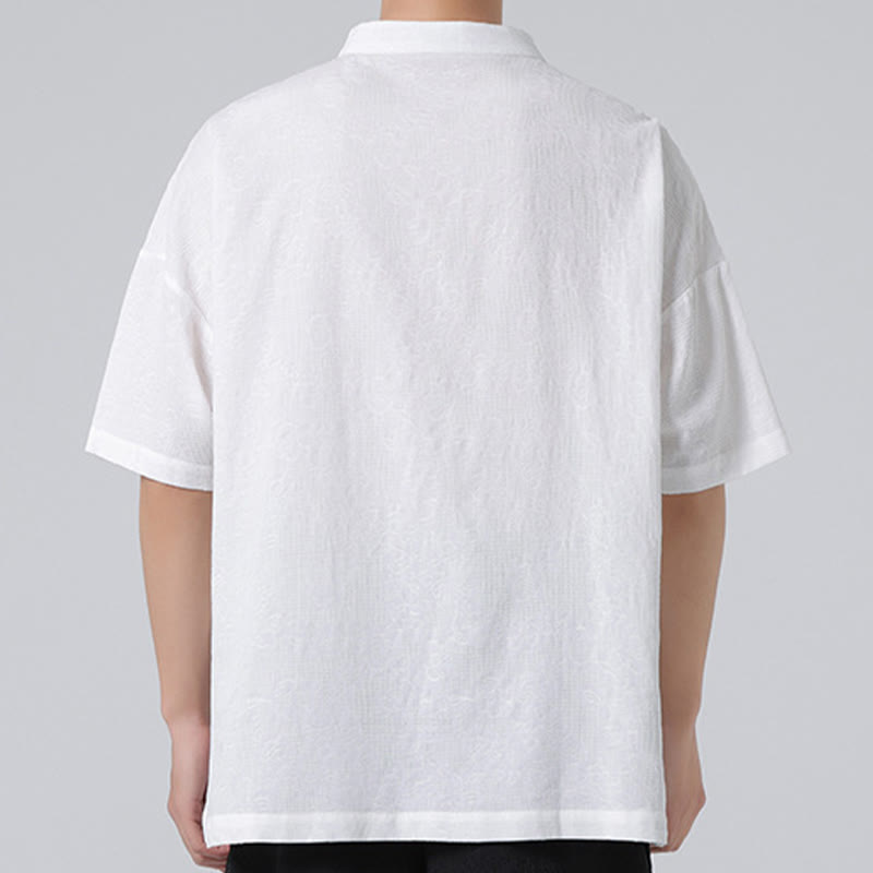 Koszula męska z krótkim rękawem z bawełny i lnu w stylu retro z motywem żaby i kwiatowym wzorem w kwiaty Buddha Stones Retro Pure Color - image 17