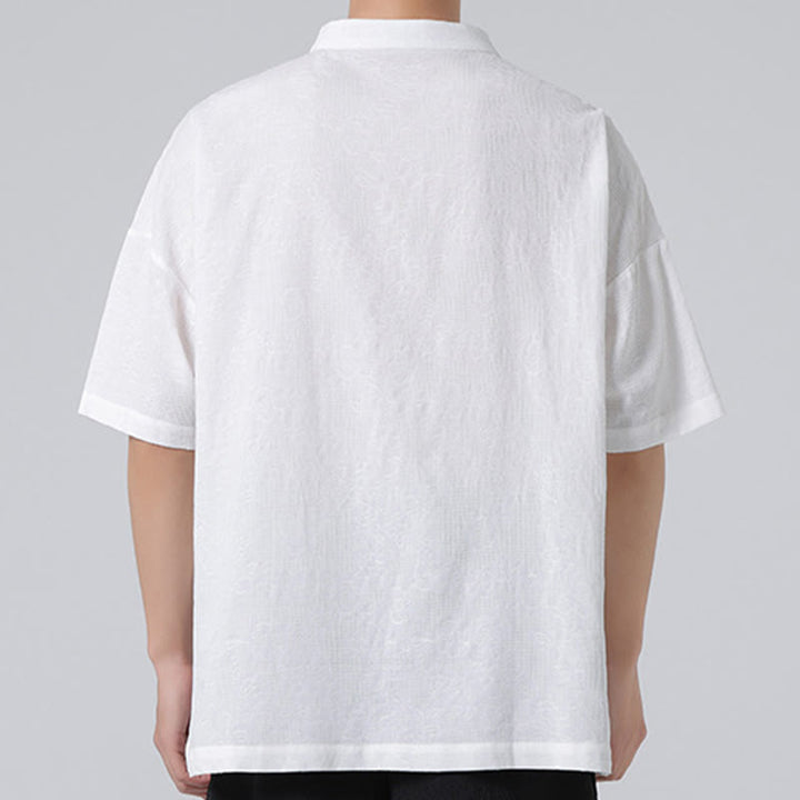 Koszula męska z krótkim rękawem z bawełny i lnu w stylu retro z motywem żaby i kwiatowym wzorem w kwiaty Buddha Stones Retro Pure Color - image 17