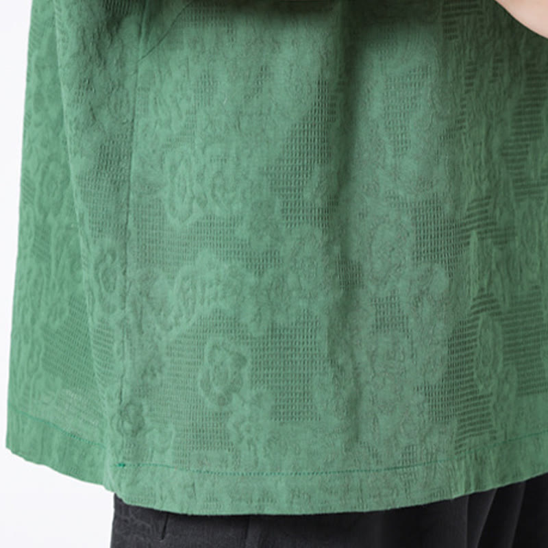 Koszula męska z krótkim rękawem z bawełny i lnu w stylu retro z motywem żaby i kwiatowym wzorem w kwiaty Buddha Stones Retro Pure Color - image 10