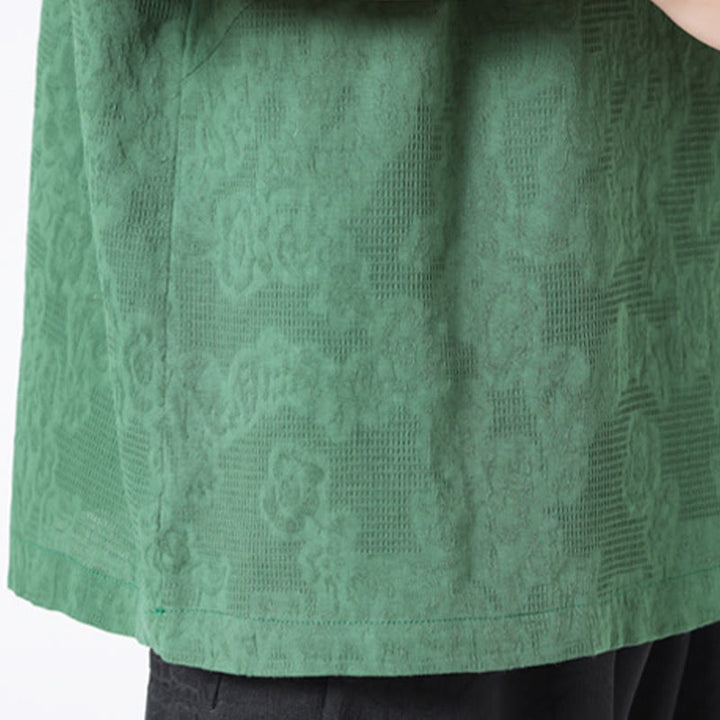 Koszula męska z krótkim rękawem z bawełny i lnu w stylu retro z motywem żaby i kwiatowym wzorem w kwiaty Buddha Stones Retro Pure Color - image 10