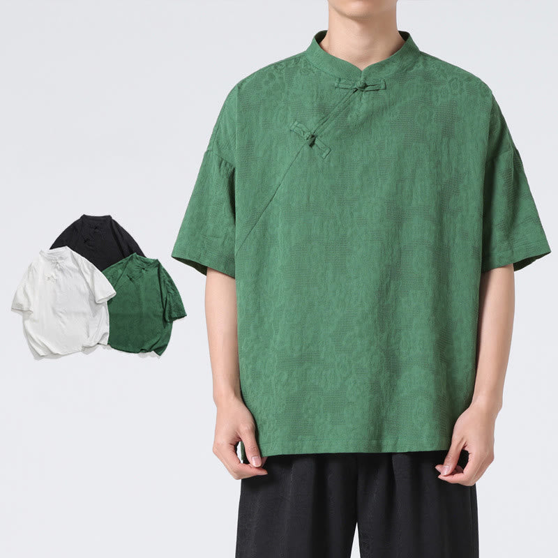 Koszula męska z krótkim rękawem z bawełny i lnu w stylu retro z motywem żaby i kwiatowym wzorem w kwiaty Buddha Stones Retro Pure Color - image 6