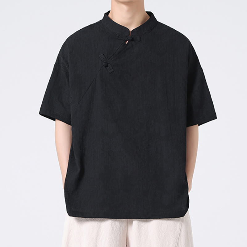 Koszula męska z krótkim rękawem z bawełny i lnu w stylu retro z motywem żaby i kwiatowym wzorem w kwiaty Buddha Stones Retro Pure Color - image 28