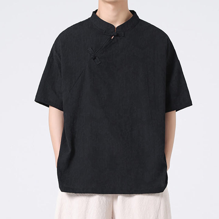 Koszula męska z krótkim rękawem z bawełny i lnu w stylu retro z motywem żaby i kwiatowym wzorem w kwiaty Buddha Stones Retro Pure Color - image 28