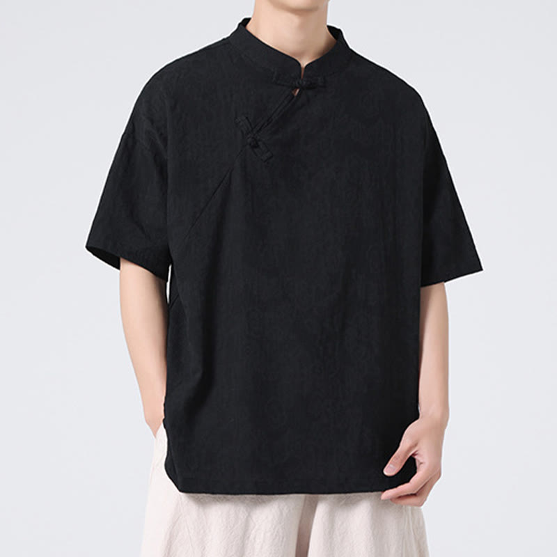 Koszula męska z krótkim rękawem z bawełny i lnu w stylu retro z motywem żaby i kwiatowym wzorem w kwiaty Buddha Stones Retro Pure Color - image 31