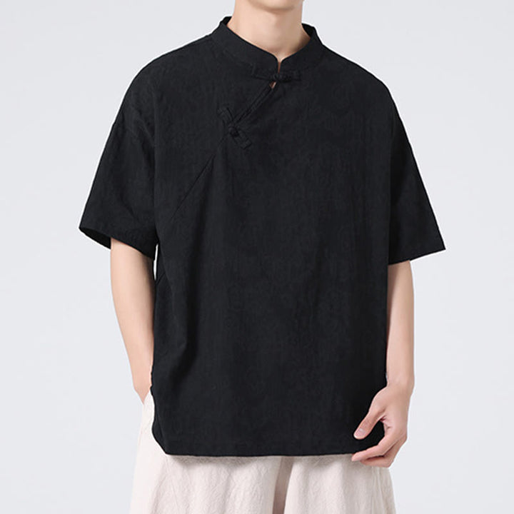 Koszula męska z krótkim rękawem z bawełny i lnu w stylu retro z motywem żaby i kwiatowym wzorem w kwiaty Buddha Stones Retro Pure Color - image 31