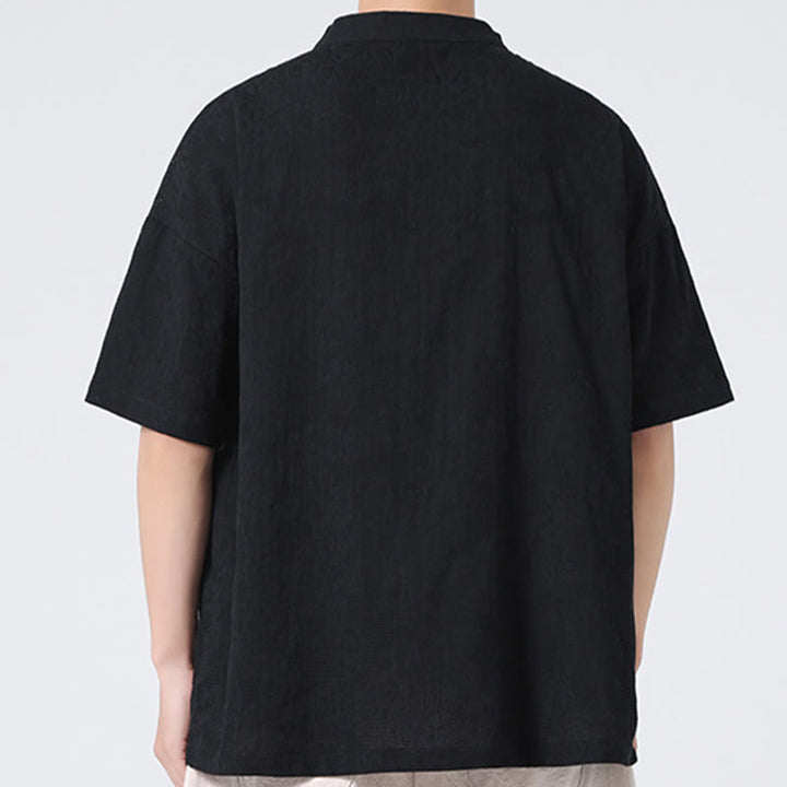 Koszula męska z krótkim rękawem z bawełny i lnu w stylu retro z motywem żaby i kwiatowym wzorem w kwiaty Buddha Stones Retro Pure Color - image 29