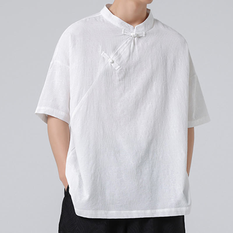 Koszula męska z krótkim rękawem z bawełny i lnu w stylu retro z motywem żaby i kwiatowym wzorem w kwiaty Buddha Stones Retro Pure Color - image 22