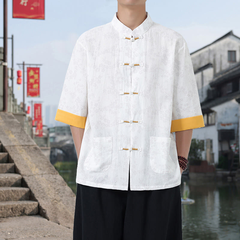 Buddha Stones Retro Nadruk Kwiatowy Wzór Żaba-Guzik Projekt Kołnierz Stójka Męska Bawełniana Koszula Z Pół Rękawem I Kieszeniami - Biały - US/UK/AU46， EU56 (5XL) - image 7