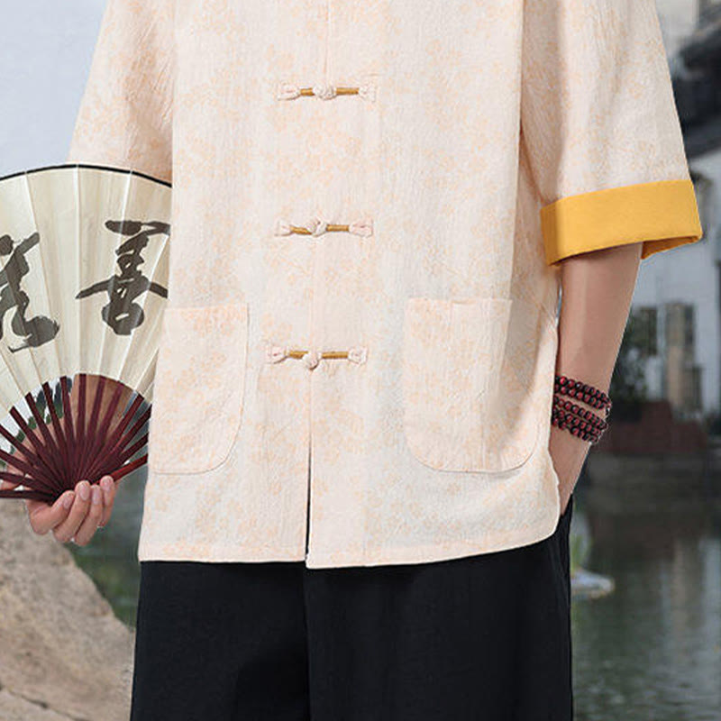 Buddha Stones Retro Nadruk Kwiatowy Wzór Żaba-Guzik Projekt Kołnierz Stójka Męska Bawełniana Koszula Z Pół Rękawem I Kieszeniami - image 15