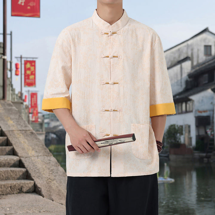 Buddha Stones Retro Nadruk Kwiatowy Wzór Żaba-Guzik Projekt Kołnierz Stójka Męska Bawełniana Koszula Z Pół Rękawem I Kieszeniami - PapayaWhip - US/UK/AU46， EU56 (5XL) - image 14