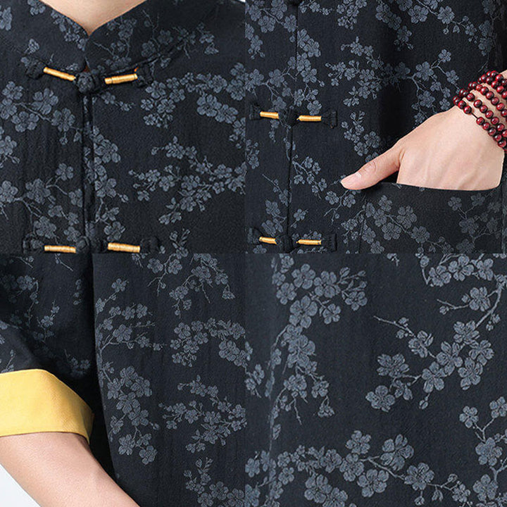 Buddha Stones Retro Nadruk Kwiatowy Wzór Żaba-Guzik Projekt Kołnierz Stójka Męska Bawełniana Koszula Z Pół Rękawem I Kieszeniami - image 5