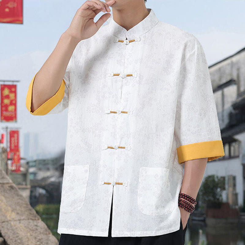 Buddha Stones Retro Nadruk Kwiatowy Wzór Żaba-Guzik Projekt Kołnierz Stójka Męska Bawełniana Koszula Z Pół Rękawem I Kieszeniami - image 9