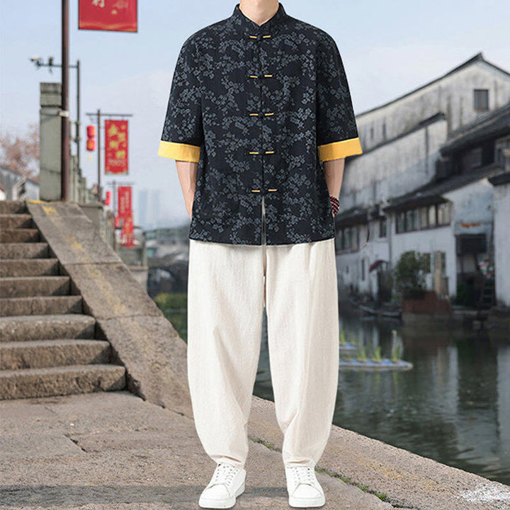 Buddha Stones Retro Nadruk Kwiatowy Wzór Żaba-Guzik Projekt Kołnierz Stójka Męska Bawełniana Koszula Z Pół Rękawem I Kieszeniami - image 6