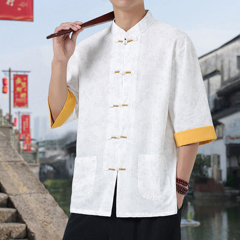 Buddha Stones Retro Nadruk Kwiatowy Wzór Żaba-Guzik Projekt Kołnierz Stójka Męska Bawełniana Koszula Z Pół Rękawem I Kieszeniami - image 8