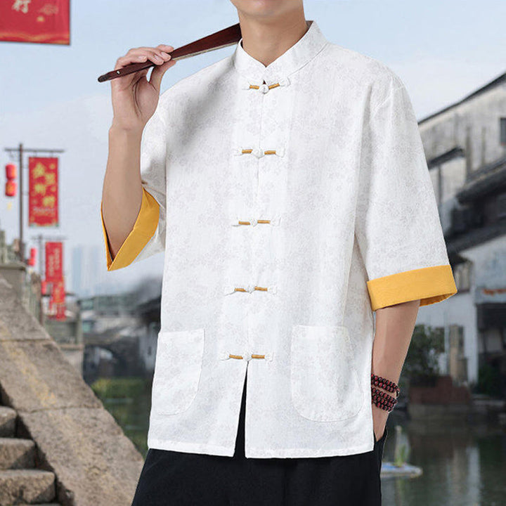 Buddha Stones Retro Nadruk Kwiatowy Wzór Żaba-Guzik Projekt Kołnierz Stójka Męska Bawełniana Koszula Z Pół Rękawem I Kieszeniami - image 8