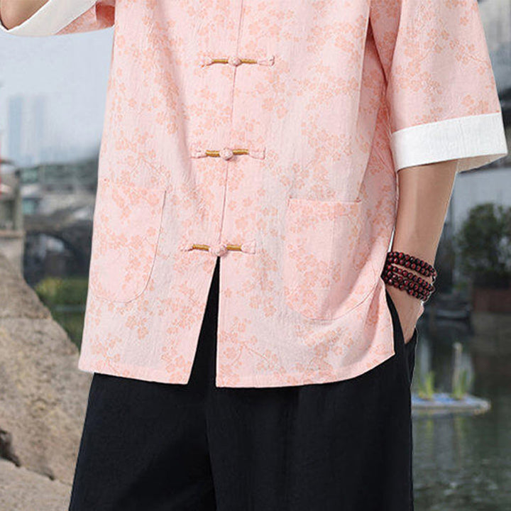 Buddha Stones Retro Nadruk Kwiatowy Wzór Żaba-Guzik Projekt Kołnierz Stójka Męska Bawełniana Koszula Z Pół Rękawem I Kieszeniami - image 13