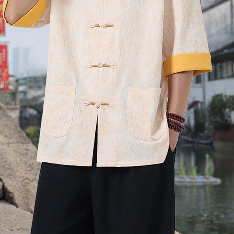 Buddha Stones Retro Nadruk Kwiatowy Wzór Żaba-Guzik Projekt Kołnierz Stójka Męska Bawełniana Koszula Z Pół Rękawem I Kieszeniami - image 16