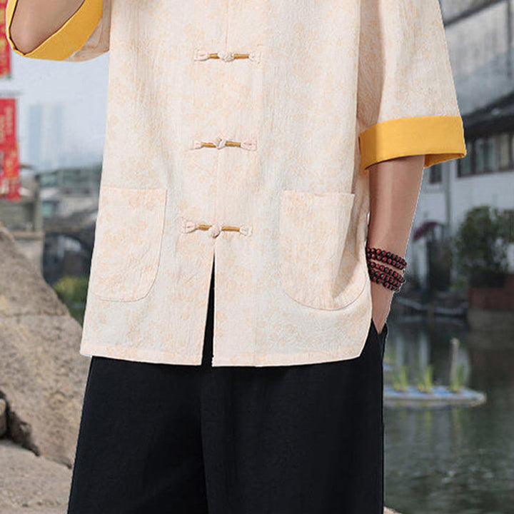 Buddha Stones Retro Nadruk Kwiatowy Wzór Żaba-Guzik Projekt Kołnierz Stójka Męska Bawełniana Koszula Z Pół Rękawem I Kieszeniami - image 16