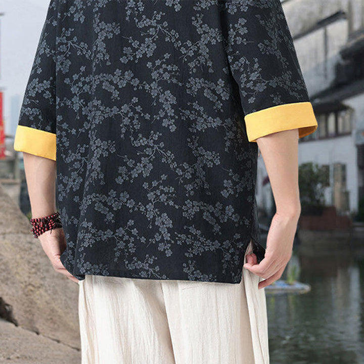 Buddha Stones Retro Nadruk Kwiatowy Wzór Żaba-Guzik Projekt Kołnierz Stójka Męska Bawełniana Koszula Z Pół Rękawem I Kieszeniami - image 4