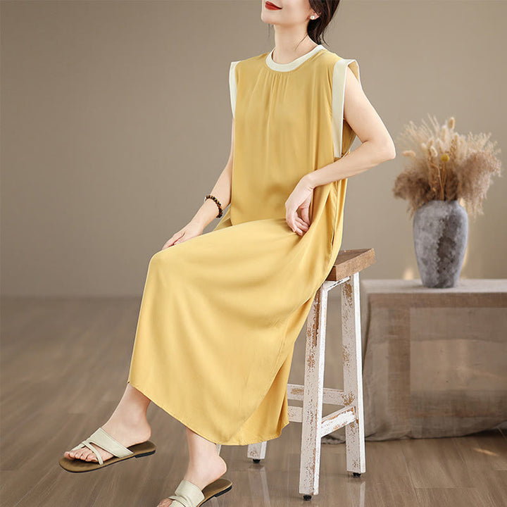 Sukienka midi z bawełny bez rękawów i kieszeniami, z rozcięciem w kształcie Buddha Stones w jednolitym kolorze - Złoto - US12, UK/AU16, EU44 (2XL) - image 27