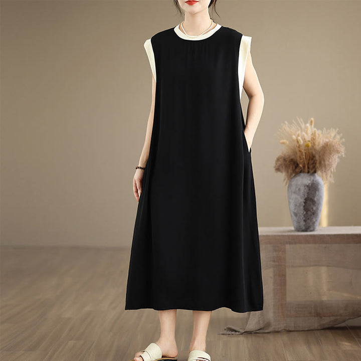 Sukienka midi z bawełny bez rękawów i kieszeniami, z rozcięciem w kształcie Buddha Stones w jednolitym kolorze - Czarny - US12, UK/AU16, EU44 (2XL) - image 0