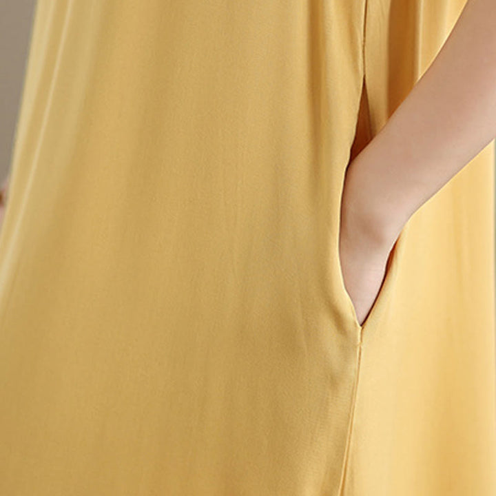 Sukienka midi z bawełny bez rękawów i kieszeniami, z rozcięciem w kształcie Buddha Stones w jednolitym kolorze - image 33