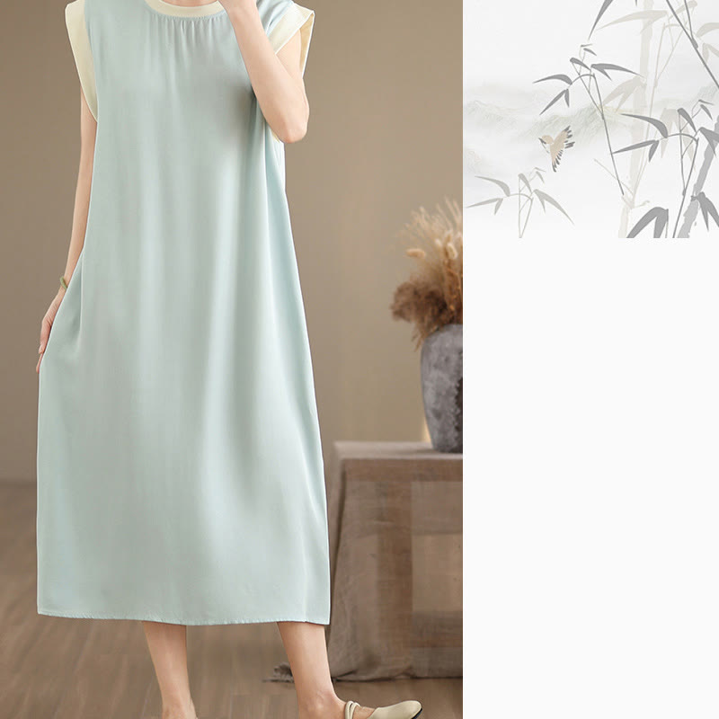 Sukienka midi z bawełny bez rękawów i kieszeniami, z rozcięciem w kształcie Buddha Stones w jednolitym kolorze - image 26