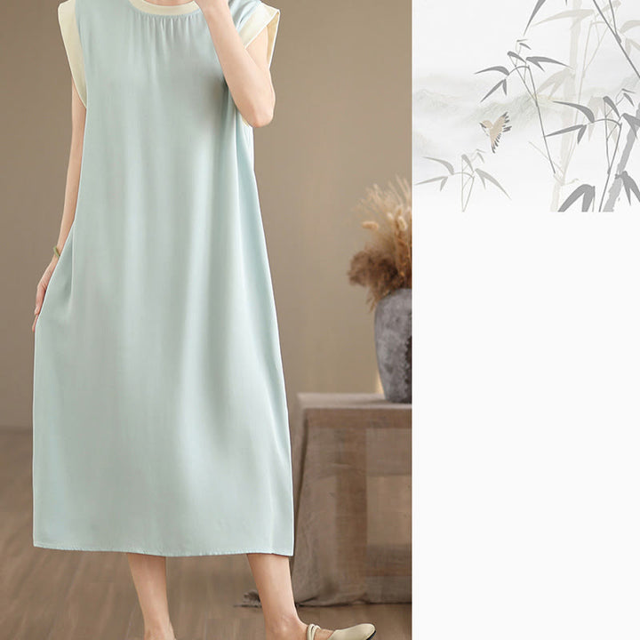 Sukienka midi z bawełny bez rękawów i kieszeniami, z rozcięciem w kształcie Buddha Stones w jednolitym kolorze - image 26