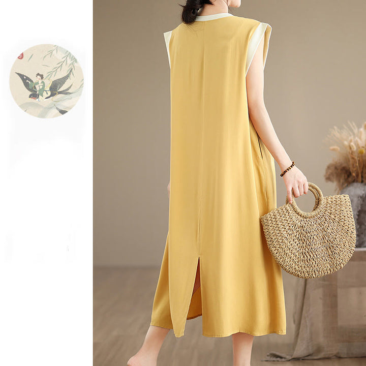 Sukienka midi z bawełny bez rękawów i kieszeniami, z rozcięciem w kształcie Buddha Stones w jednolitym kolorze - image 36