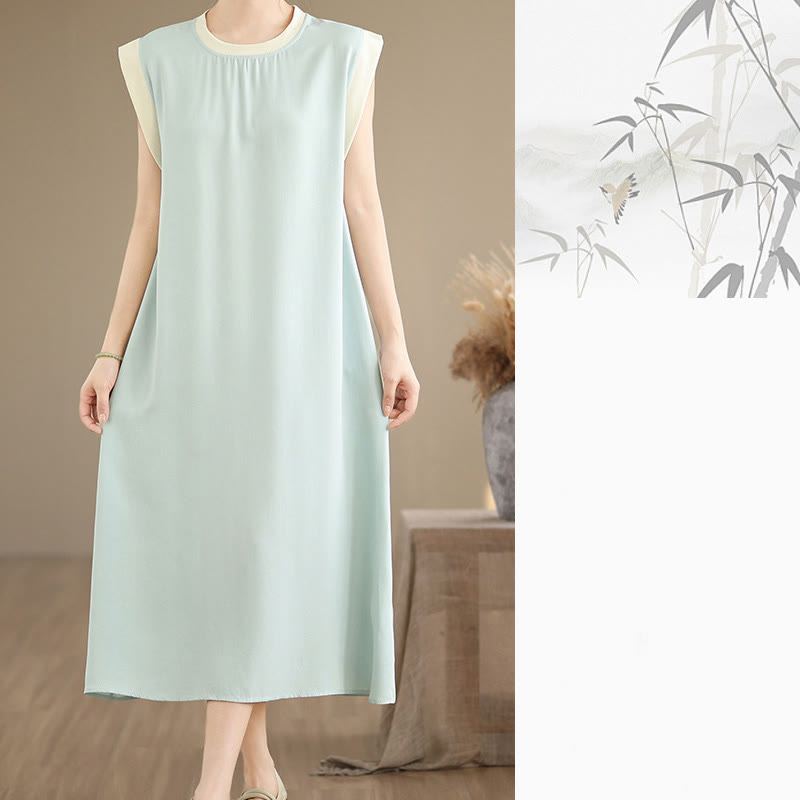 Sukienka midi z bawełny bez rękawów i kieszeniami, z rozcięciem w kształcie Buddha Stones w jednolitym kolorze - image 25