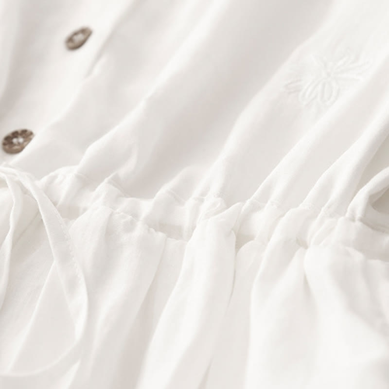 Sukienka midi z krótkim rękawem i marszczeniami z haftem Buddha Stones Commute ze ściągaczem z bawełny i lnu - image 5