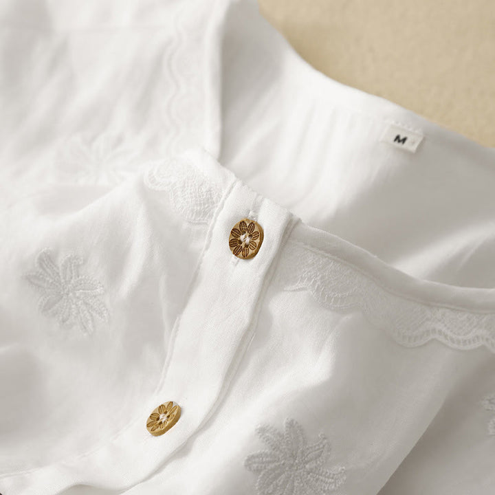 Sukienka midi z krótkim rękawem i marszczeniami z haftem Buddha Stones Commute ze ściągaczem z bawełny i lnu - image 4