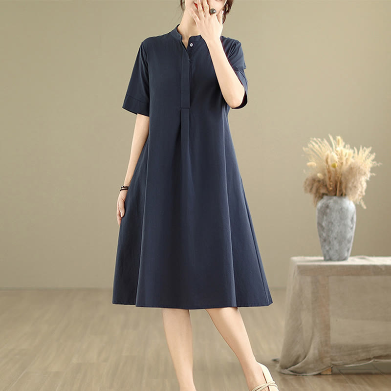 Sukienka midi z bawełny Buddha Stones Commute w kratkę, prosty design, z krótkim rękawem i kieszeniami - MidnightBlue - US8-10，UK/AU12-14，EU40-42 (2XL) - image 0