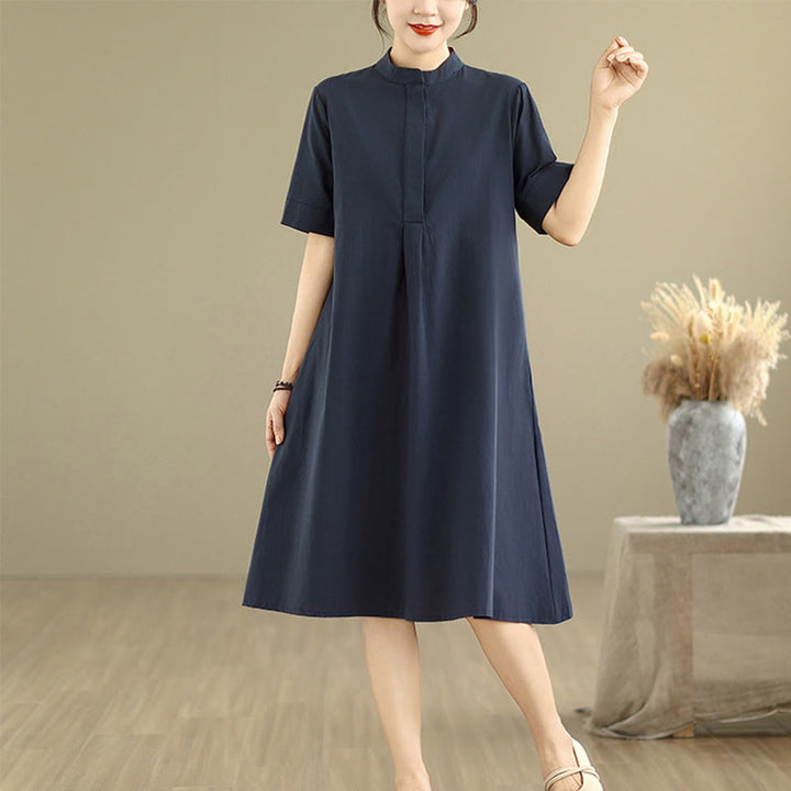 Sukienka midi z bawełny Buddha Stones Commute w kratkę, prosty design, z krótkim rękawem i kieszeniami - image 5