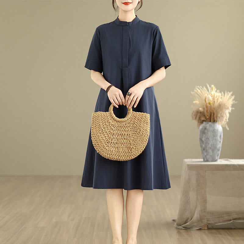 Sukienka midi z bawełny Buddha Stones Commute w kratkę, prosty design, z krótkim rękawem i kieszeniami - image 2