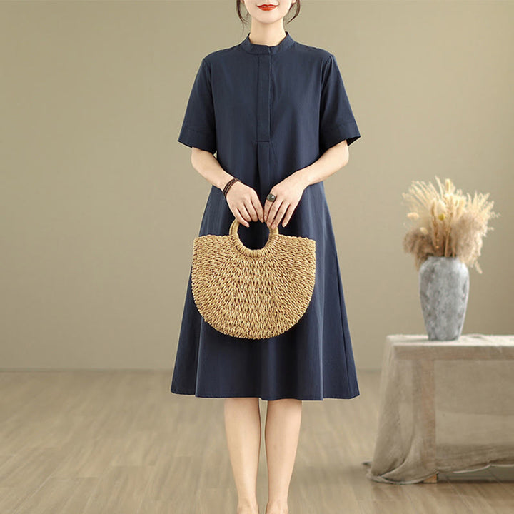 Sukienka midi z bawełny Buddha Stones Commute w kratkę, prosty design, z krótkim rękawem i kieszeniami - image 2