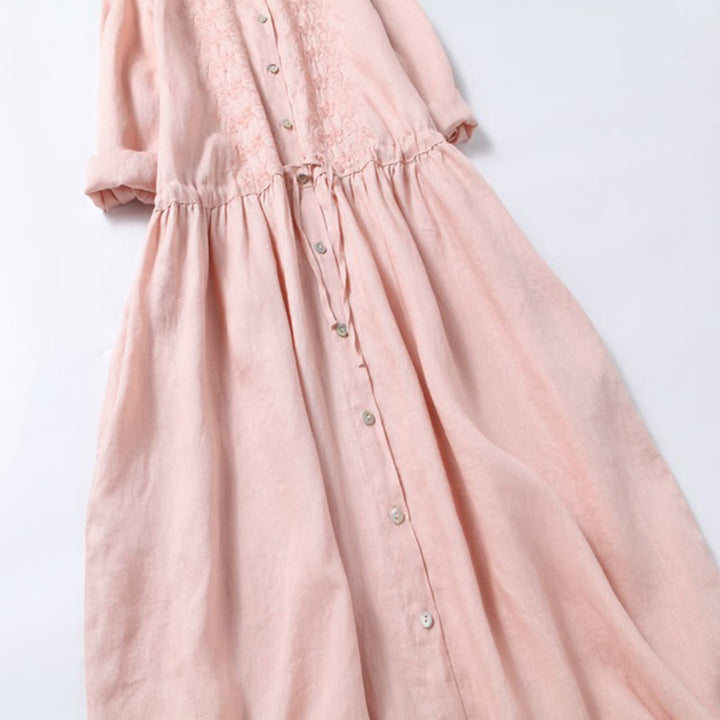 Buddha Stones Jesień Vintage Haft Guzik Ściągacz Projekt Bawełna Len Długi Rękaw Midi Sukienka Z Kieszeniami - image 5