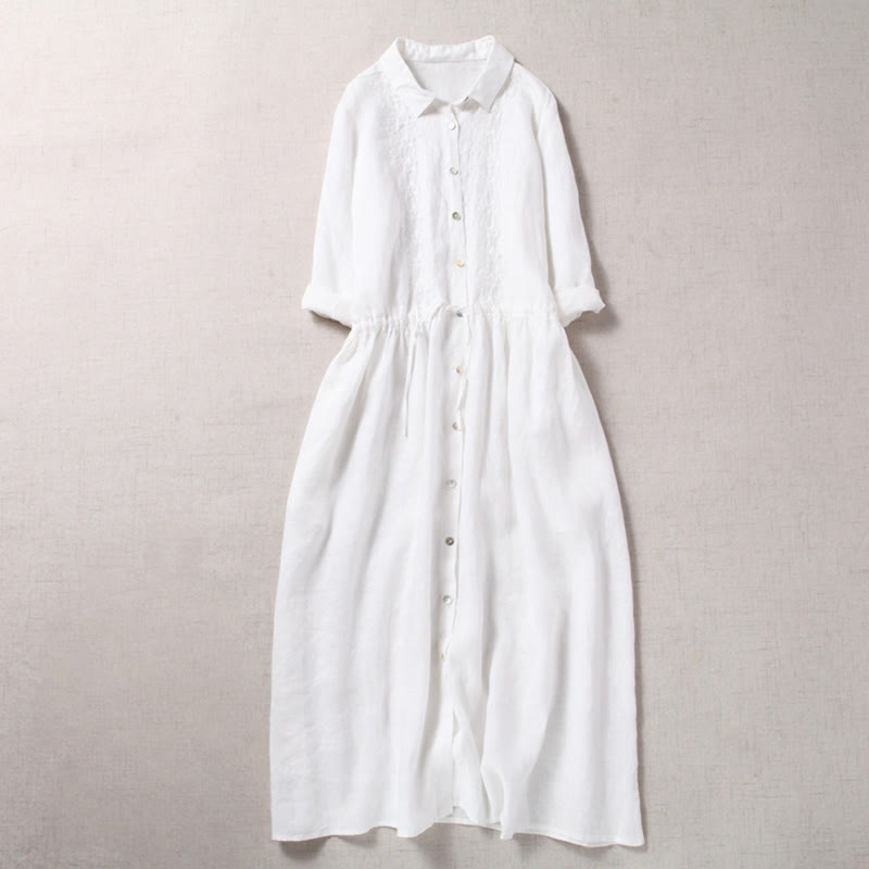 Buddha Stones Jesień Vintage Haft Guzik Ściągacz Projekt Bawełna Len Długi Rękaw Midi Sukienka Z Kieszeniami - Biały - US8-10，UK/AU12-14，EU40-42 (2XL) - image 13