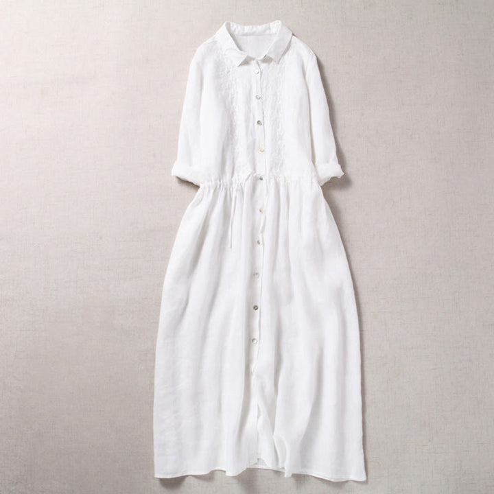 Buddha Stones Jesień Vintage Haft Guzik Ściągacz Projekt Bawełna Len Długi Rękaw Midi Sukienka Z Kieszeniami - Biały - US8-10，UK/AU12-14，EU40-42 (2XL) - image 13