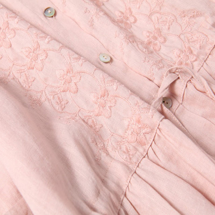 Buddha Stones Jesień Vintage Haft Guzik Ściągacz Projekt Bawełna Len Długi Rękaw Midi Sukienka Z Kieszeniami - image 9