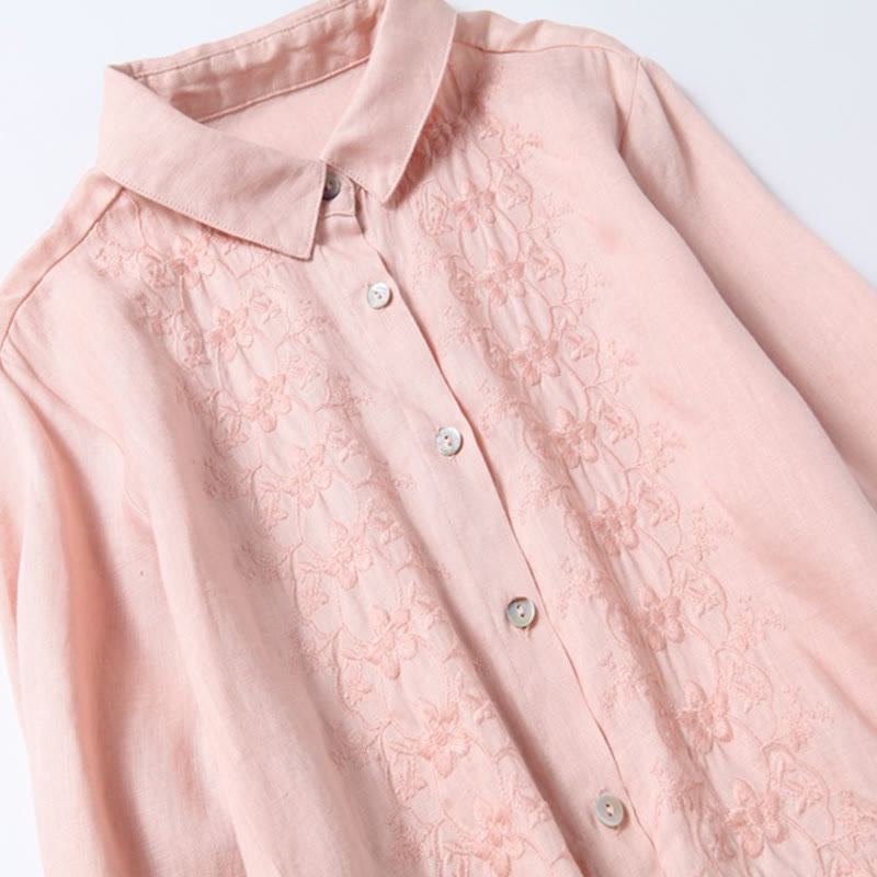 Buddha Stones Jesień Vintage Haft Guzik Ściągacz Projekt Bawełna Len Długi Rękaw Midi Sukienka Z Kieszeniami - image 3