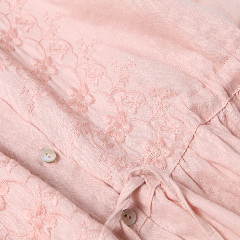 Buddha Stones Jesień Vintage Haft Guzik Ściągacz Projekt Bawełna Len Długi Rękaw Midi Sukienka Z Kieszeniami - image 10