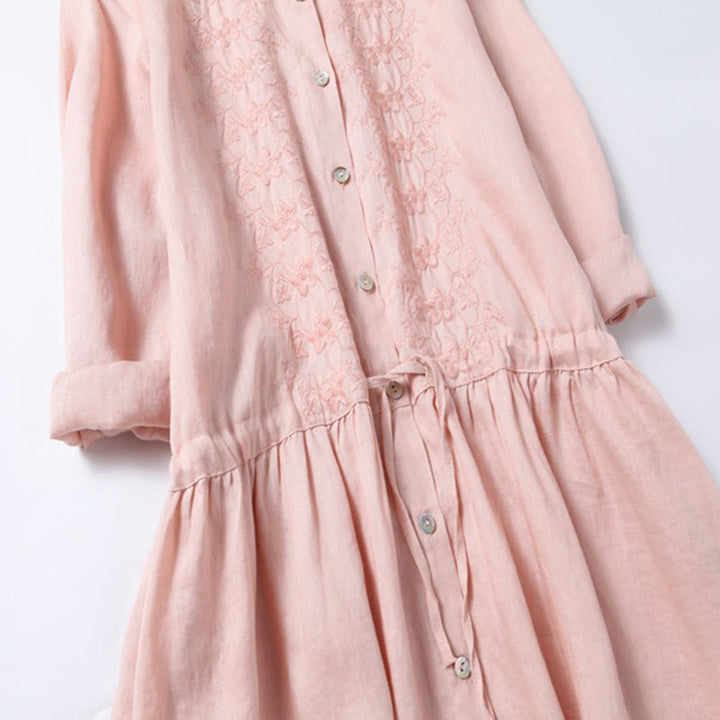 Buddha Stones Jesień Vintage Haft Guzik Ściągacz Projekt Bawełna Len Długi Rękaw Midi Sukienka Z Kieszeniami - image 4