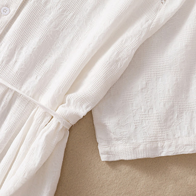 Letnia sukienka midi z krótkim rękawem i kieszeniami z bawełny Buddha Stones z żakardowym wzorem i prostym wzorem - image 3