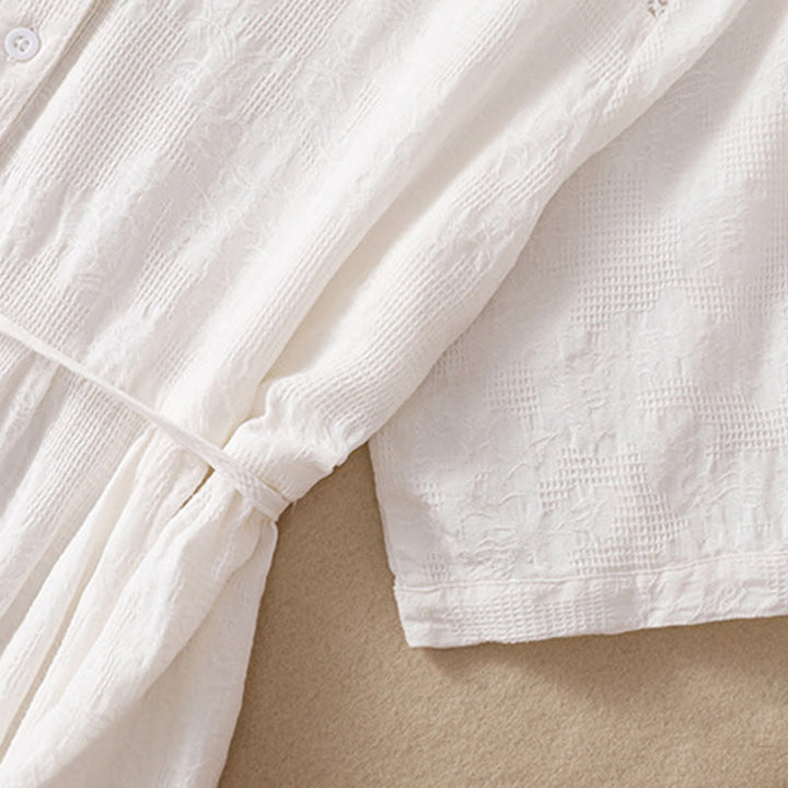 Letnia sukienka midi z krótkim rękawem i kieszeniami z bawełny Buddha Stones z żakardowym wzorem i prostym wzorem - image 3