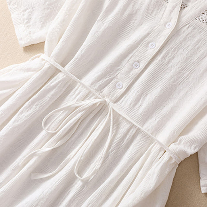 Letnia sukienka midi z krótkim rękawem i kieszeniami z bawełny Buddha Stones z żakardowym wzorem i prostym wzorem - image 5