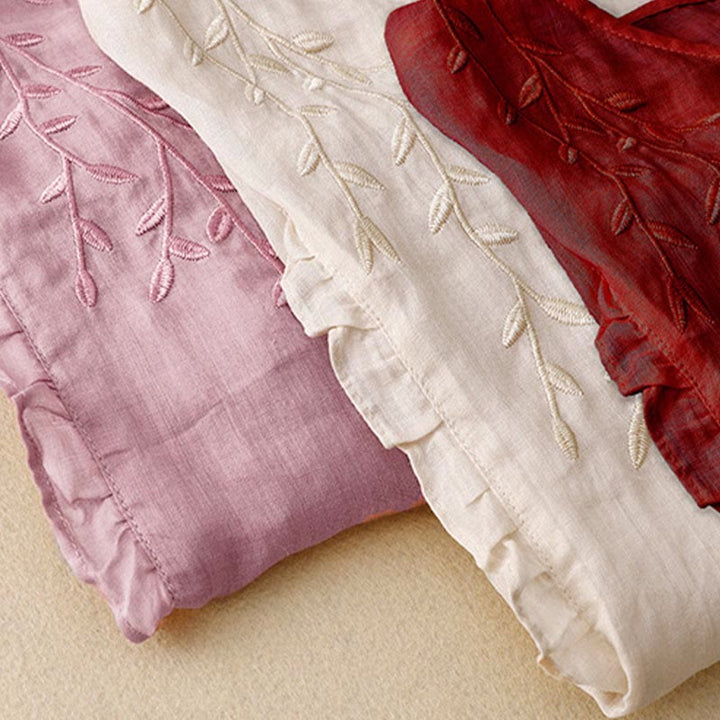 Koszula damska z krótkim rękawem i dekoltem w serek Buddha Stones Casual Plain Embroidery Willow Leaf - image 7