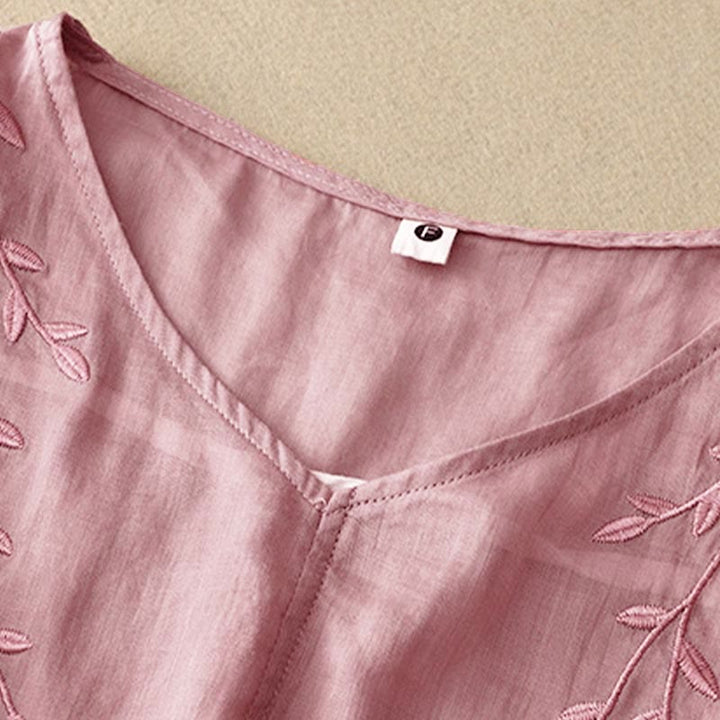 Koszula damska z krótkim rękawem i dekoltem w serek Buddha Stones Casual Plain Embroidery Willow Leaf - image 2