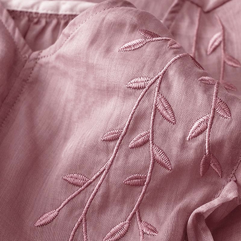 Koszula damska z krótkim rękawem i dekoltem w serek Buddha Stones Casual Plain Embroidery Willow Leaf - image 4